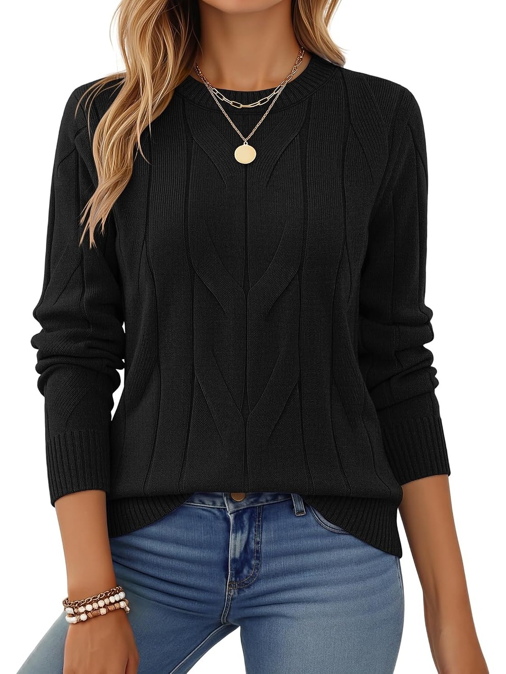 🆕 Women's Black Cable Knit Crewneck Long Sleeve Cozy Pullover Sweater